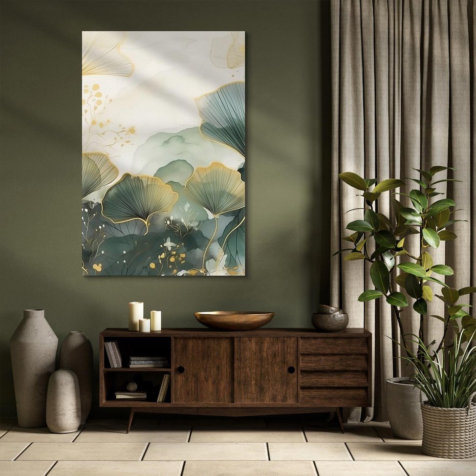 Obraz na płótnie 70x100 - Natura w Złotym Odcieniu - złote elementy, liście miłorzębu japońskiego