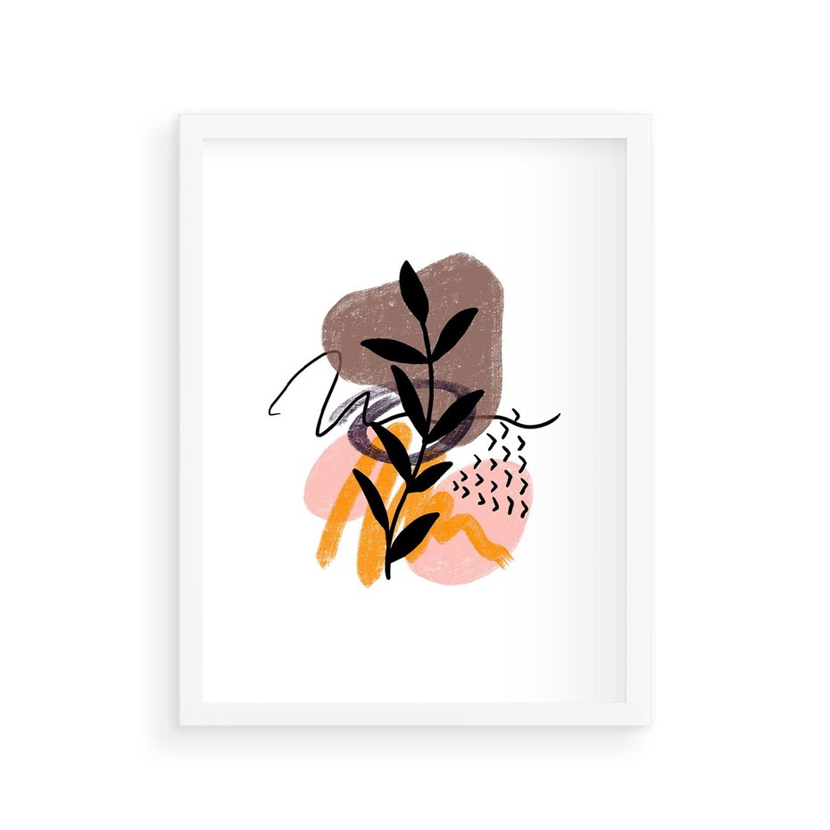 Plakat w ramie 30x40 - Echa Kształtującej się Wyobraźni - abstrakcyjna sztuka, liść gałązka - rama biała