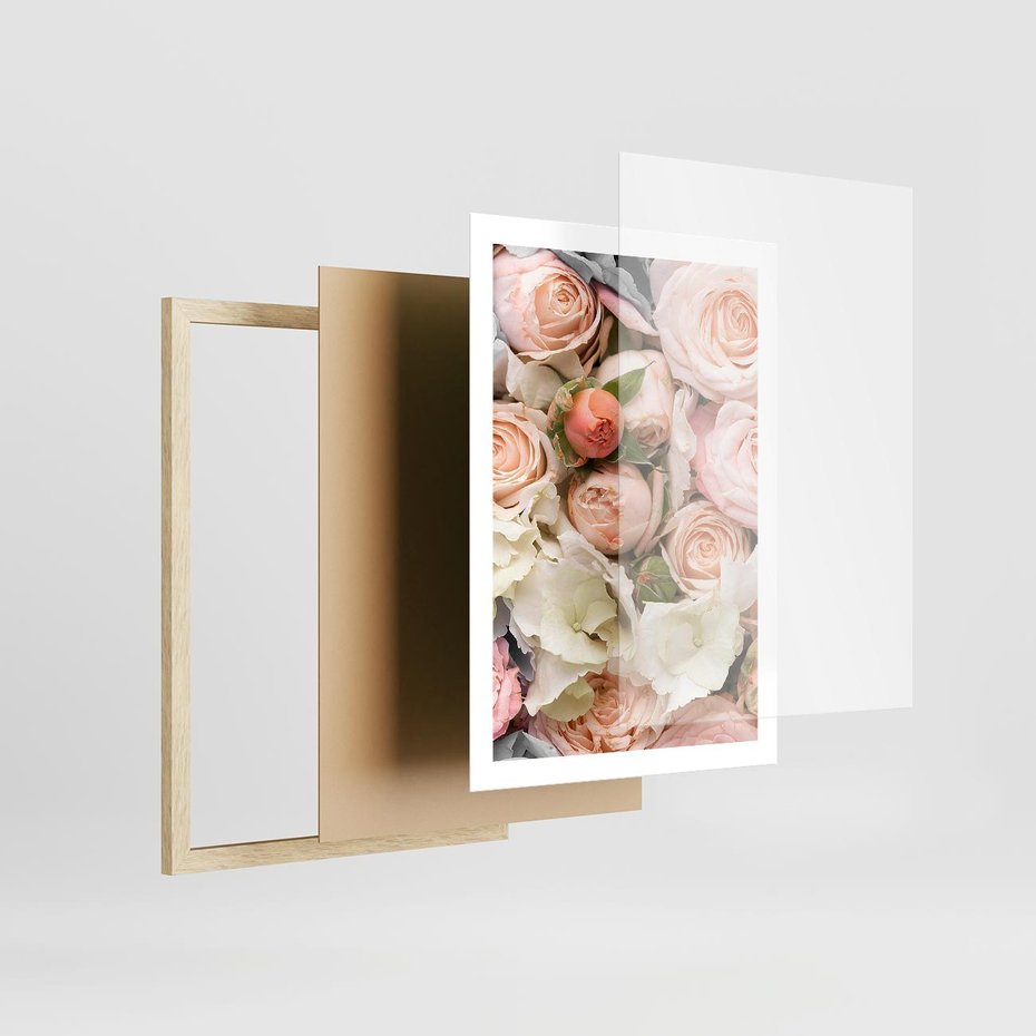 Plakat w ramie 50x70 - Kwiatowy Rarytas: Róże w Herbacianym Zbliżeniu - kwiaty, herbaciane - rama drewno