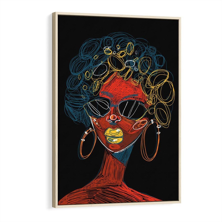 Obraz w ramie 70x100 - Kolorowe Wibracje Rzeczywistości - abstrakcyjny portret kobiety, twarz - rama drewno