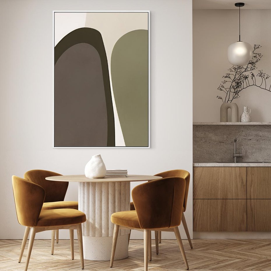 Obraz w ramie 80x120 - Fale w Zieleni - abstrakcyjne kształty, zgaszona zieleń - rama biała