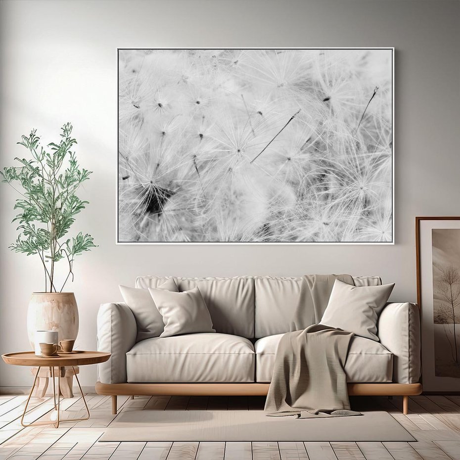Obraz w ramie 100x70 - Zdmuchnięty Puch - dmuchawce, delikatne - rama biała