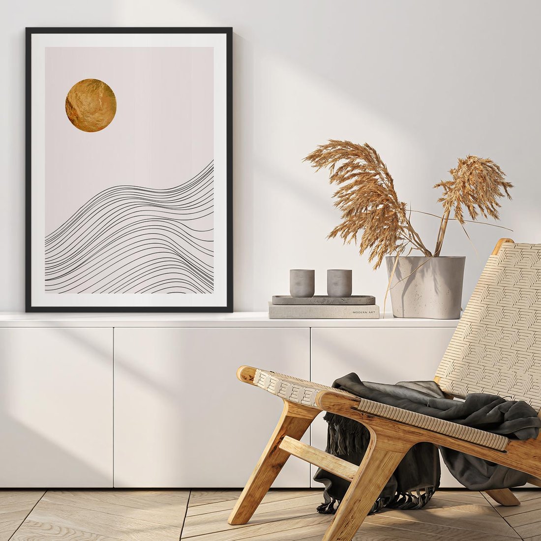 Plakat w ramie 50x70 - Minimalistyczne Słońce: Blask i Złoto - grafika, minimalizm - rama czarna