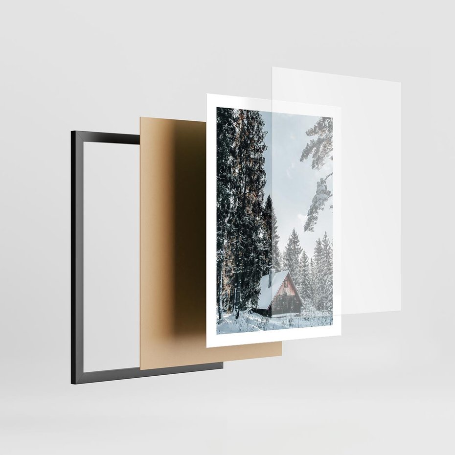 Plakat w ramie 50x70 - Górska Uroda Zimą: Dom w Śniegu - domek w górach, zima - rama czarna