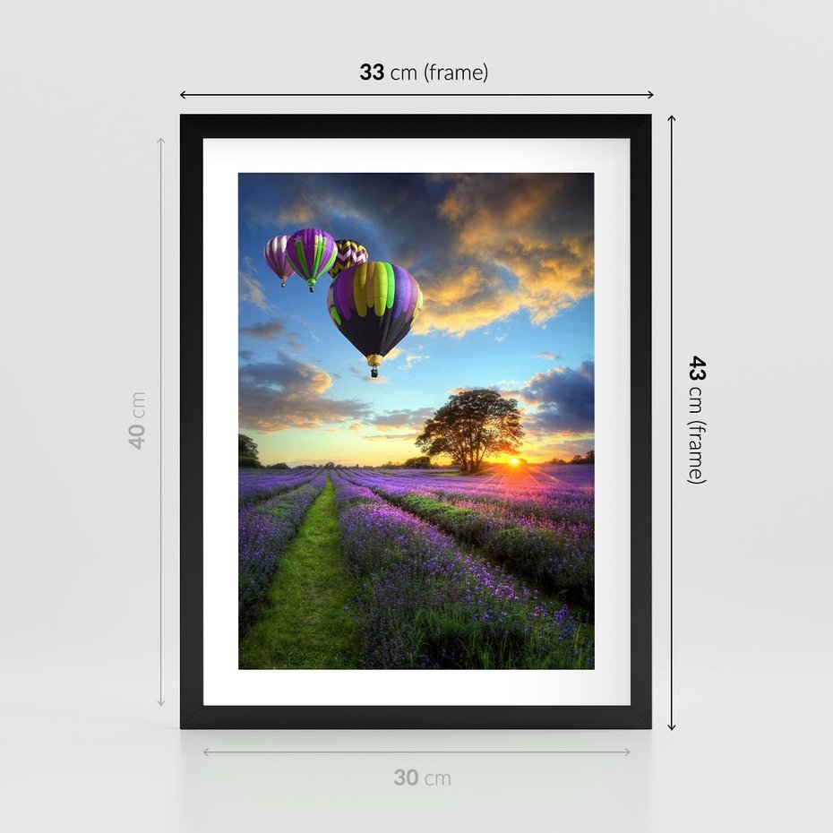 Plakat w ramie 30x40 - Lawendowe Marzenia - lawenda, balony - rama czarna