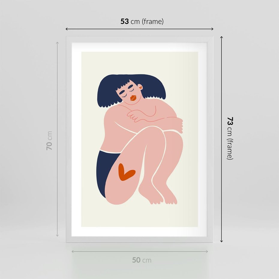 Plakat w ramie 50x70 - Melodia snów na płótnie - zakochana kobieta, graficzny obraz - rama biała