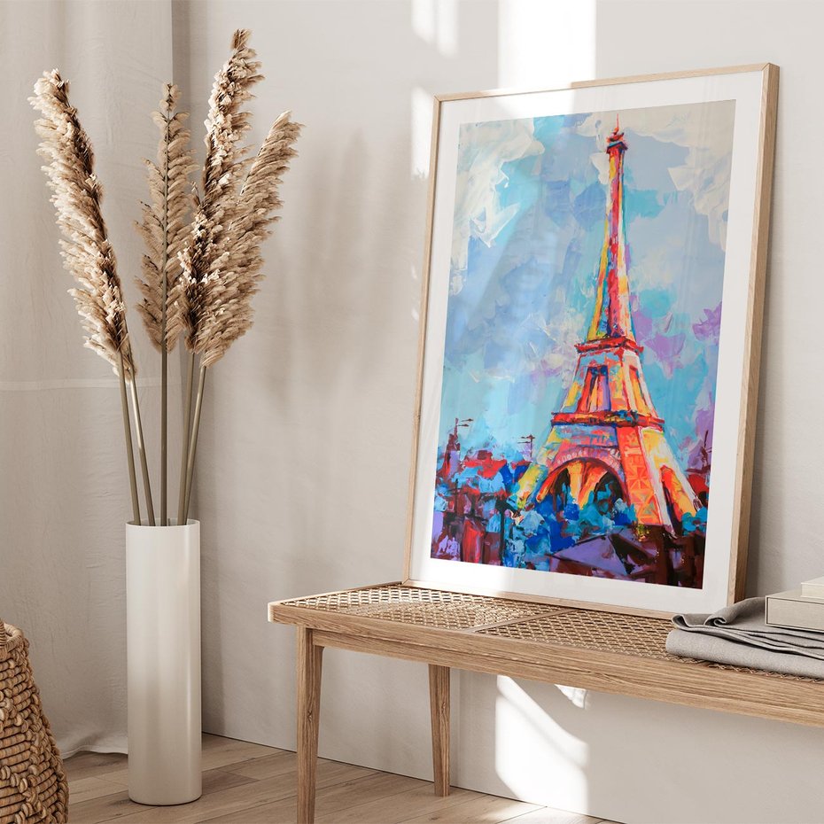 Plakat w ramie 50x70 - Paryska Wieża - olejny abstrakcyjny obraz, wieża eiffla - rama drewno