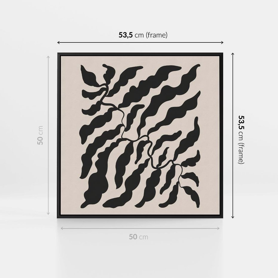 Obraz w ramie 50x50 - Księga Odbić - abstrakcyjne liśćie, roślinne motywy - rama czarna