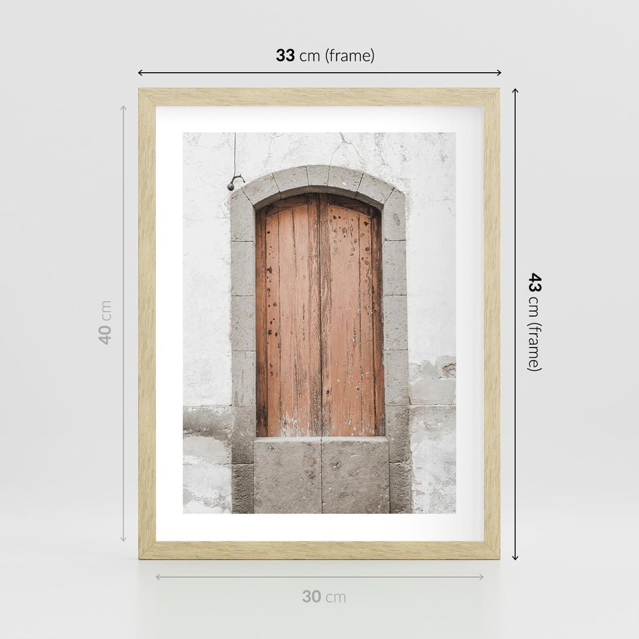 Plakat w ramie 30x40 - Śródziemnomorskie Drzwi Czasu - fotografia starych drzwi, śródziemnomorska architektura - rama drewno