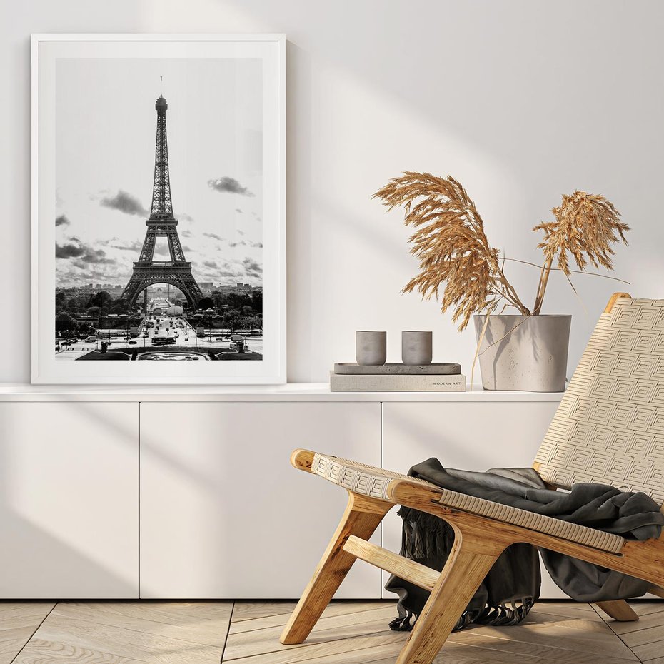 Plakat w ramie 30x40 - Wieża Eiffla - czarno białe zdjecie, wieża eiffla - rama biała