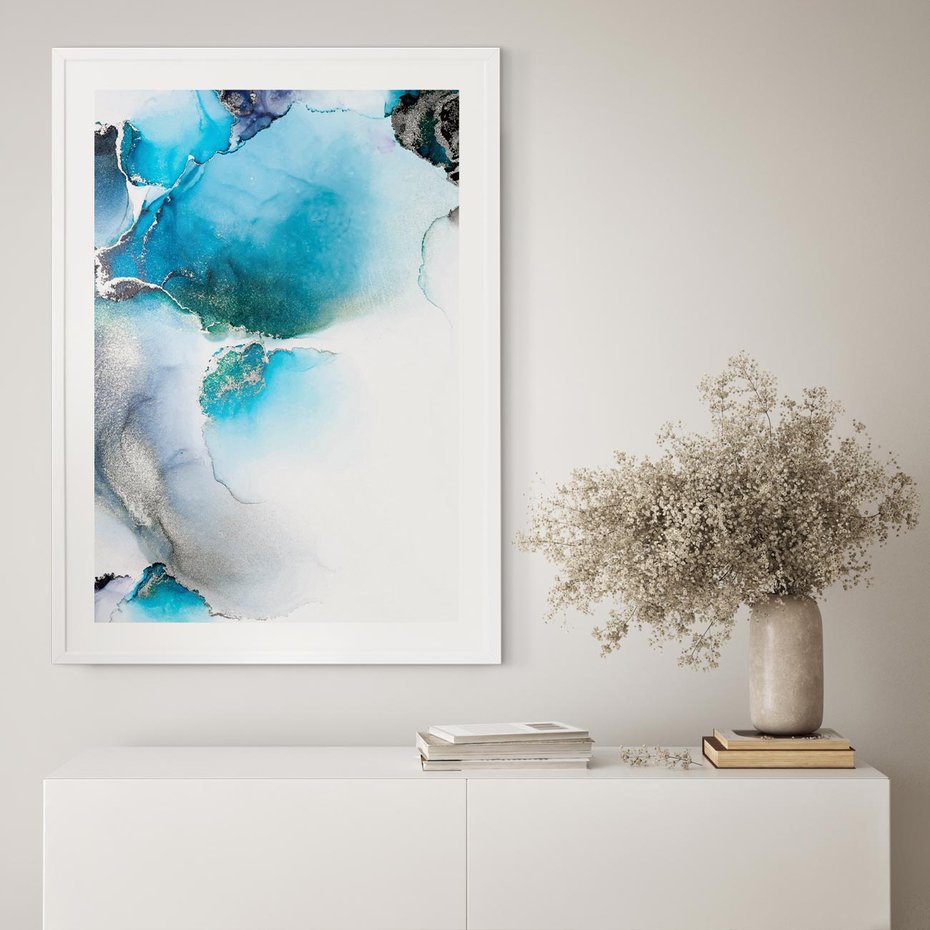 Plakat w ramie 40x50 - Elegancja Marmuru - marmur, błękit - rama biała