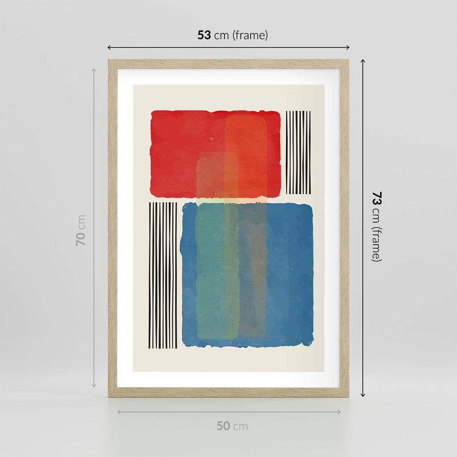 Plakat w ramie 50x70 - Kolorowe Spektrum - kolorowa geometria, prostokąty w intensywnych kształtach i czarne kreski - rama drewno