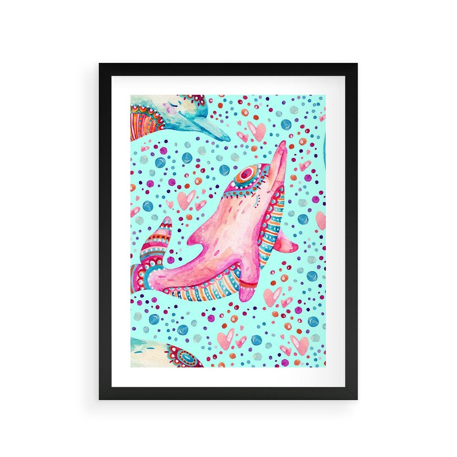 Plakat w ramie 30x40 - Lekkość W Ruchu - delfin, akwarela - rama czarna