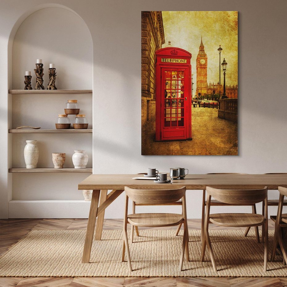 Obraz na płótnie 50x70 - Ikoniczna budka telefoniczna w Londynie - sepia, budka