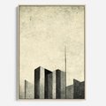 Obraz w ramie 70x100 - Mroczne Wieżowce - postarzana grafika, perspektywa budynków wieżowców - rama drewno