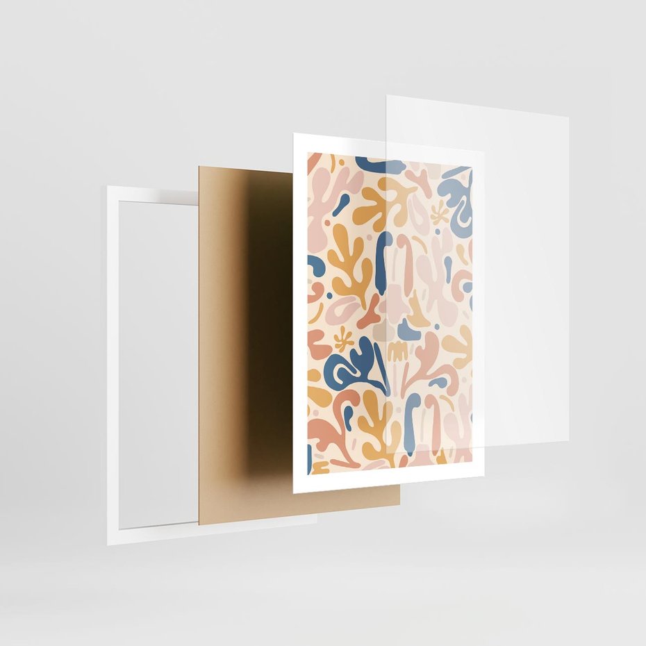 Plakat w ramie 50x70 - Symfonia Radosnych Barw - abstrakcyjne pastelowe formy, nowoczesna grafika w stylu boho - rama biała