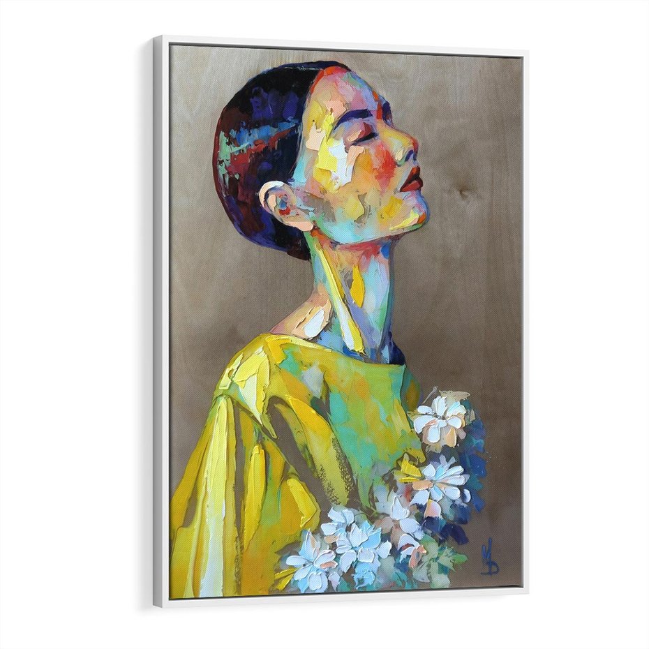 Obraz w ramie 80x120 - W Żółtej Sukience - olejny abstrakcyjny obraz, portret kobiety w żółtej sukience - rama biała