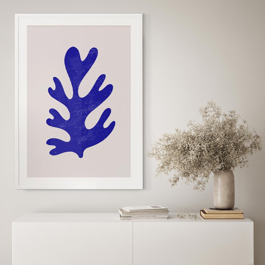 Plakat bez ramy 21x30 - Przenikająca Struktura - boho plakat, niebieski liść w intensywnym kolorze