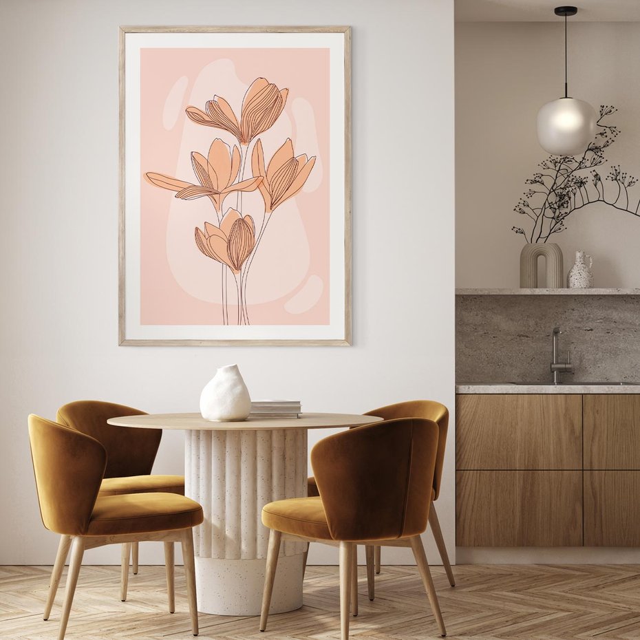 Plakat w ramie 40x50 - Przenikające Kształty - minimalistyczny plakat, pudrowe kwiaty - rama drewno