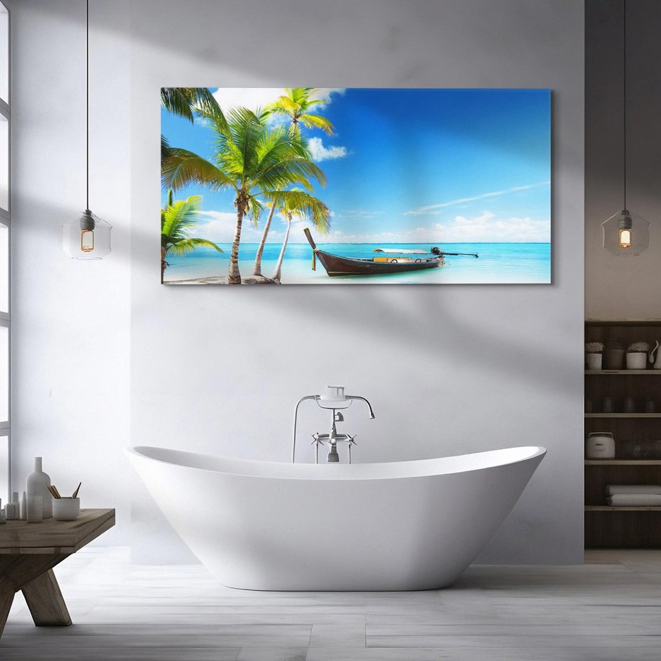 Obraz na płótnie 100x50 - Sielska plaża z łodzią na morzu - plaża, morze