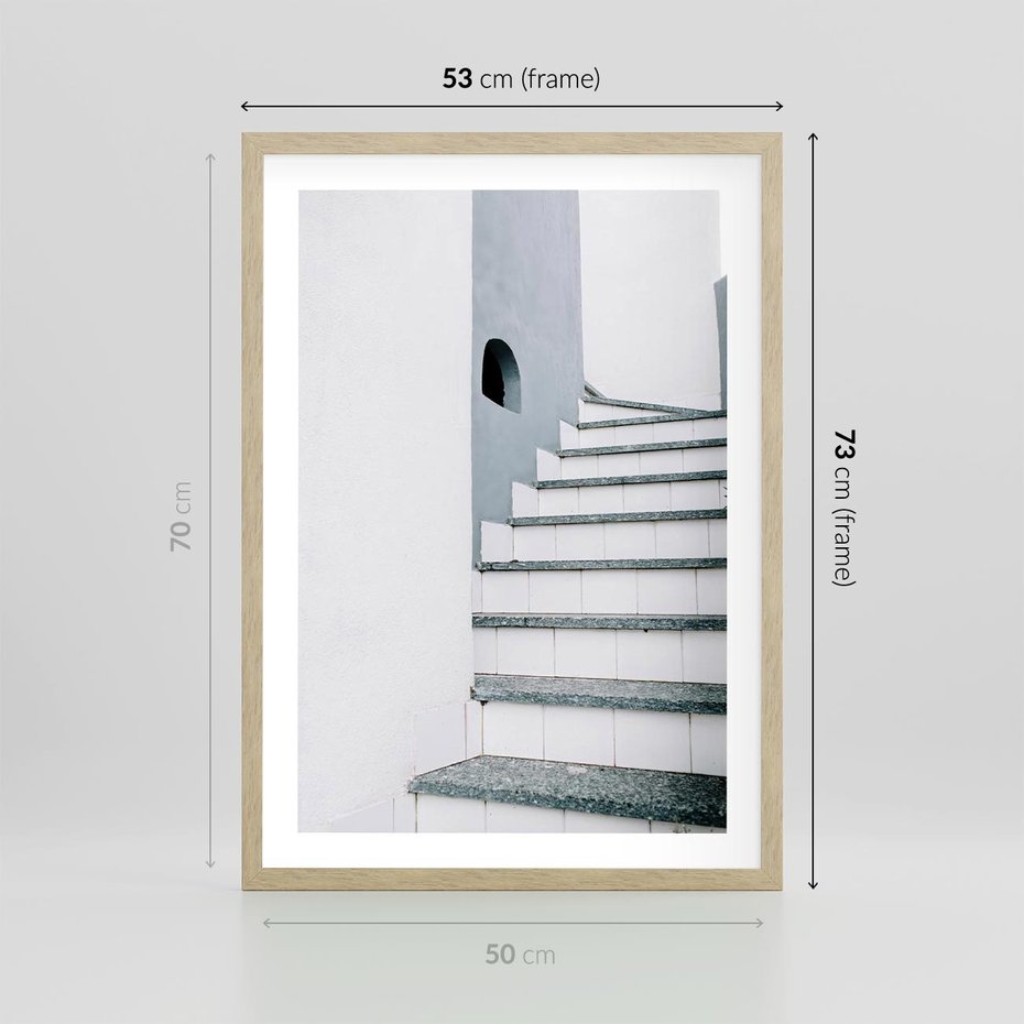 Plakat w ramie 50x70 - Schody ku Urokowi Wyspy - schody, santorini - rama drewno