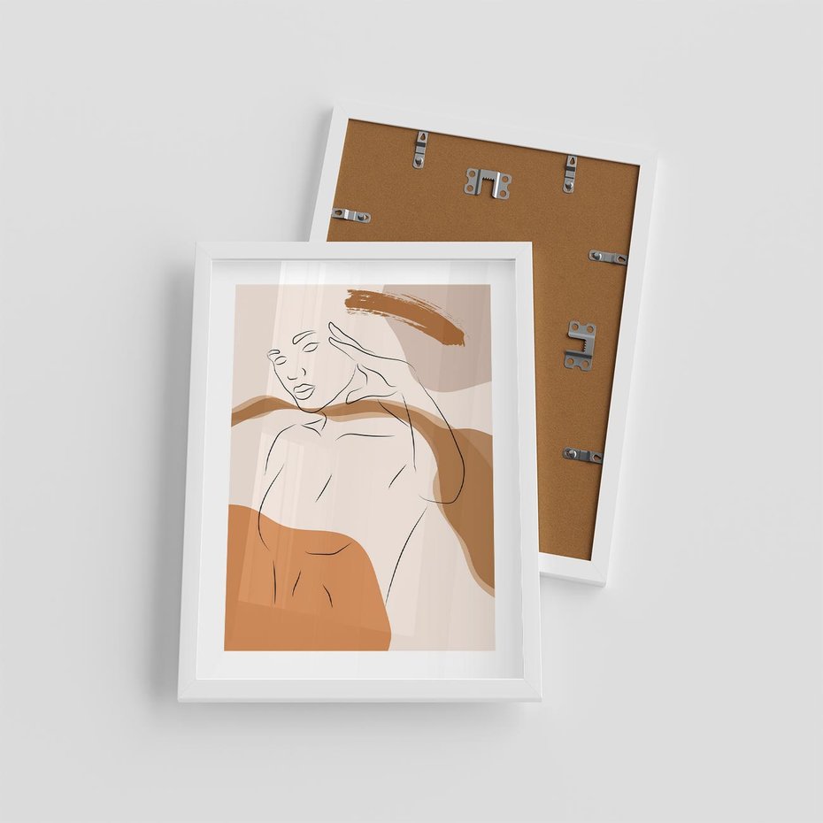 Plakat w ramie 30x40 - Sztuka Piękna w Beżach i Brązach - szkic jedną linią, naga kobieta - rama biała