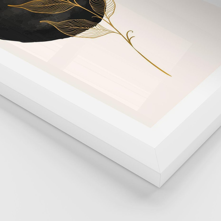 Plakat w ramie 50x70 - Złoty Liść na Czarnej Plamie - grafika, złoty liść - rama biała