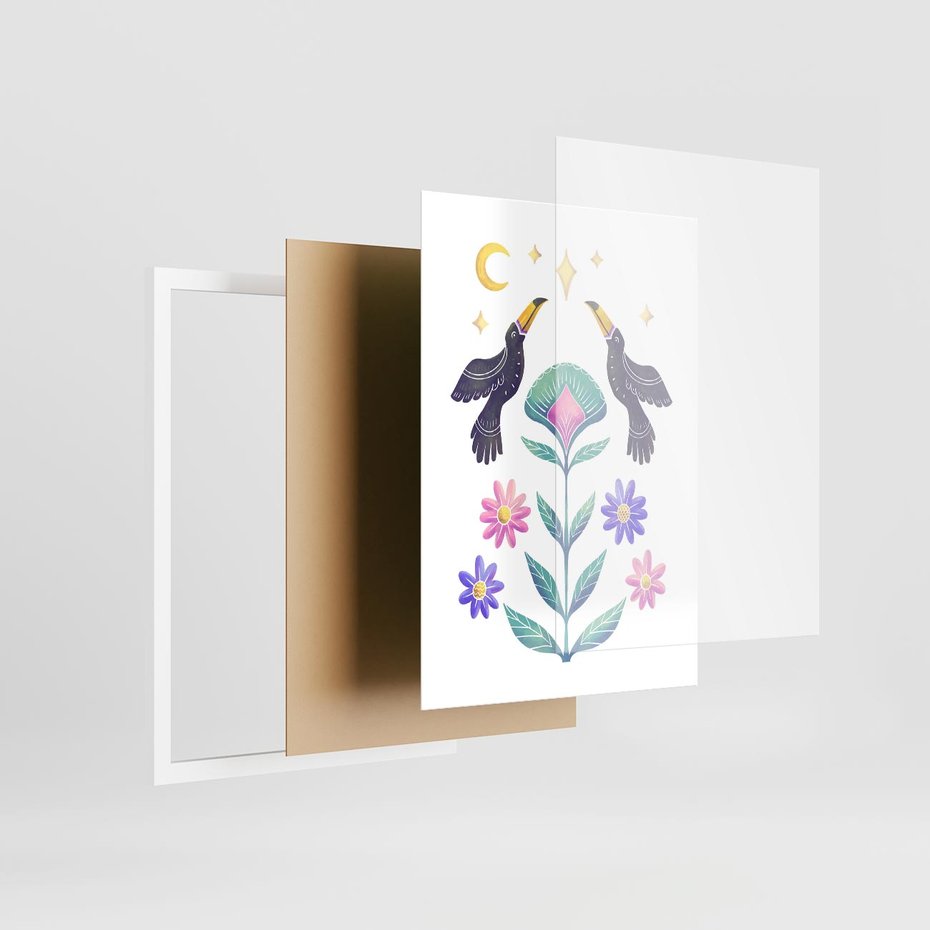 Plakat w ramie 30x40 - Przenikająca Dżungla - boho plakat, tukany - rama biała