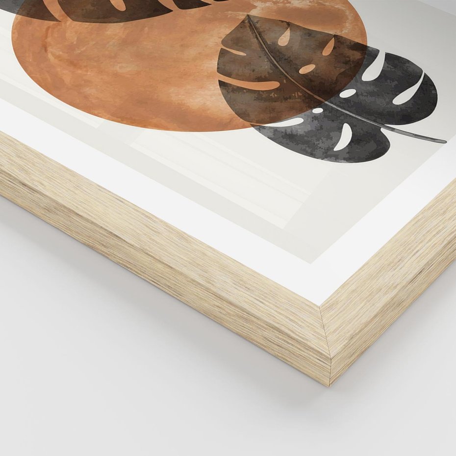 Plakat w ramie 30x40 - Elegancja w Detalach: Miedziane Koło z Monsterą - grafika, miedziane koło - rama drewno