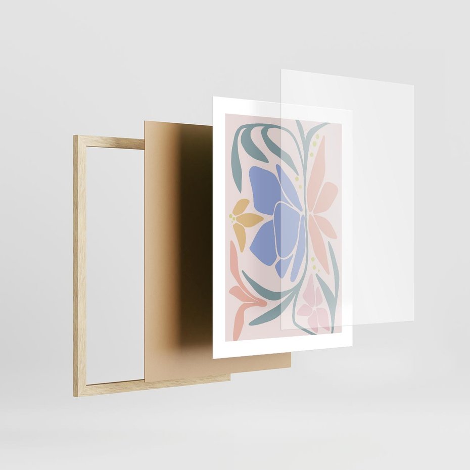 Plakat w ramie 30x40 - Pastele Kwiatowych Plam - pastelowe kwiaty, na beżowym tle - rama drewno