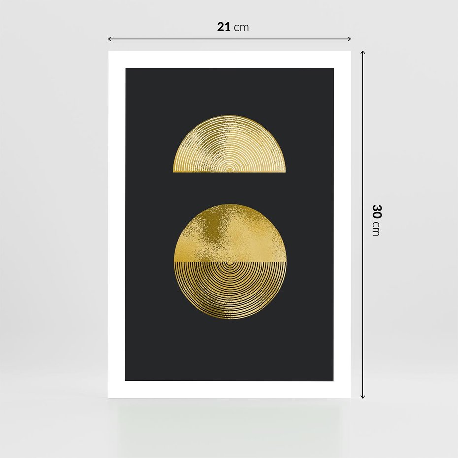 Plakat bez ramy 21x30 - Migotliwe Przeniknięcia - złote koła, czarne tło