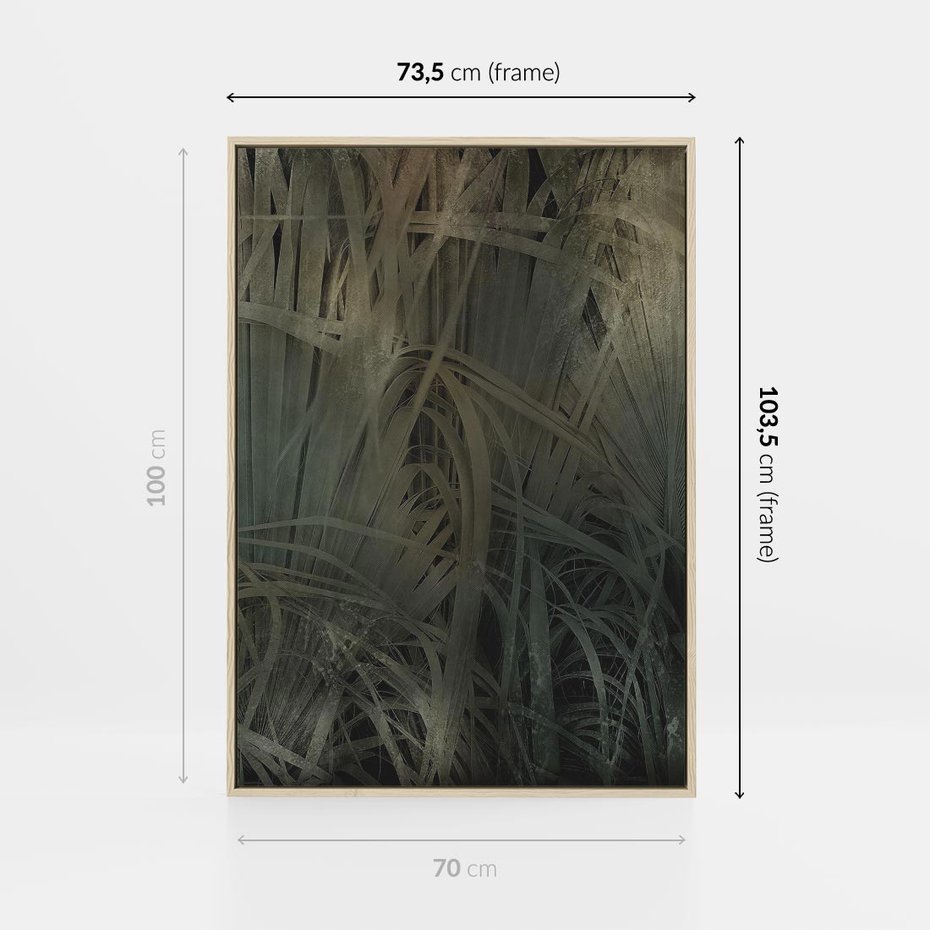 Obraz w ramie 70x100 - Światło w mroku duszy - liście traw, mroczny klimat - rama drewno