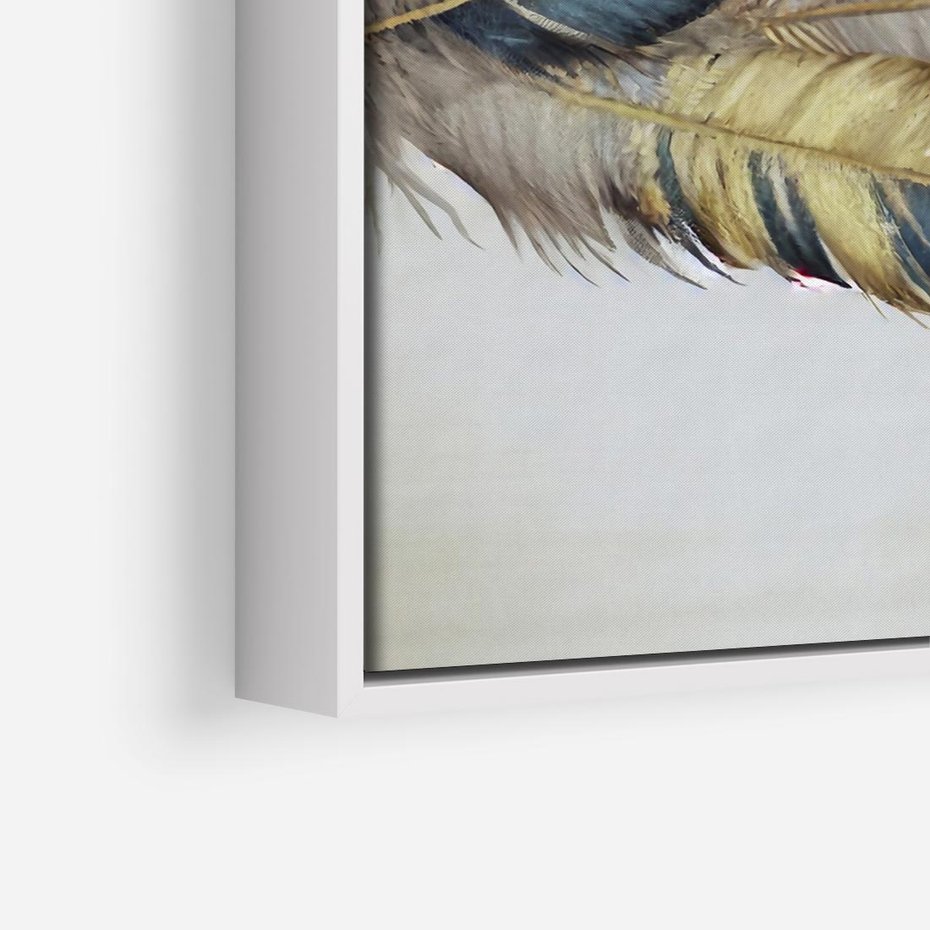 Obraz w ramie 50x50 - Granatowo-Złote Pióra - sztuka, granatowe i złote pióra - rama biała