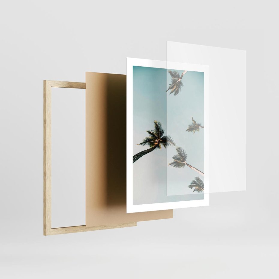 Plakat w ramie 50x70 - Palmy i Niebo - palmy, ujęcie z dołu - rama drewno