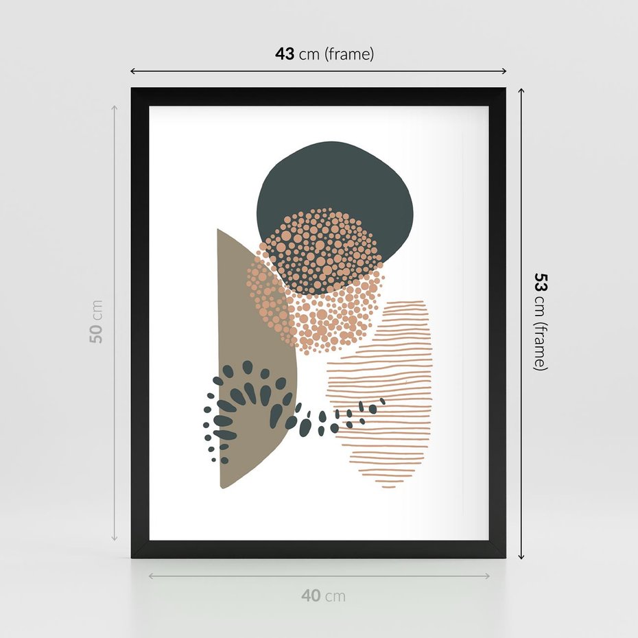 Plakat w ramie 40x50 - Harmonia Akwarelowych Przestrzeni - abstrakcyjna kompozycja z kropek kresek i kółek, odcienie brązu i beżu - rama czarna