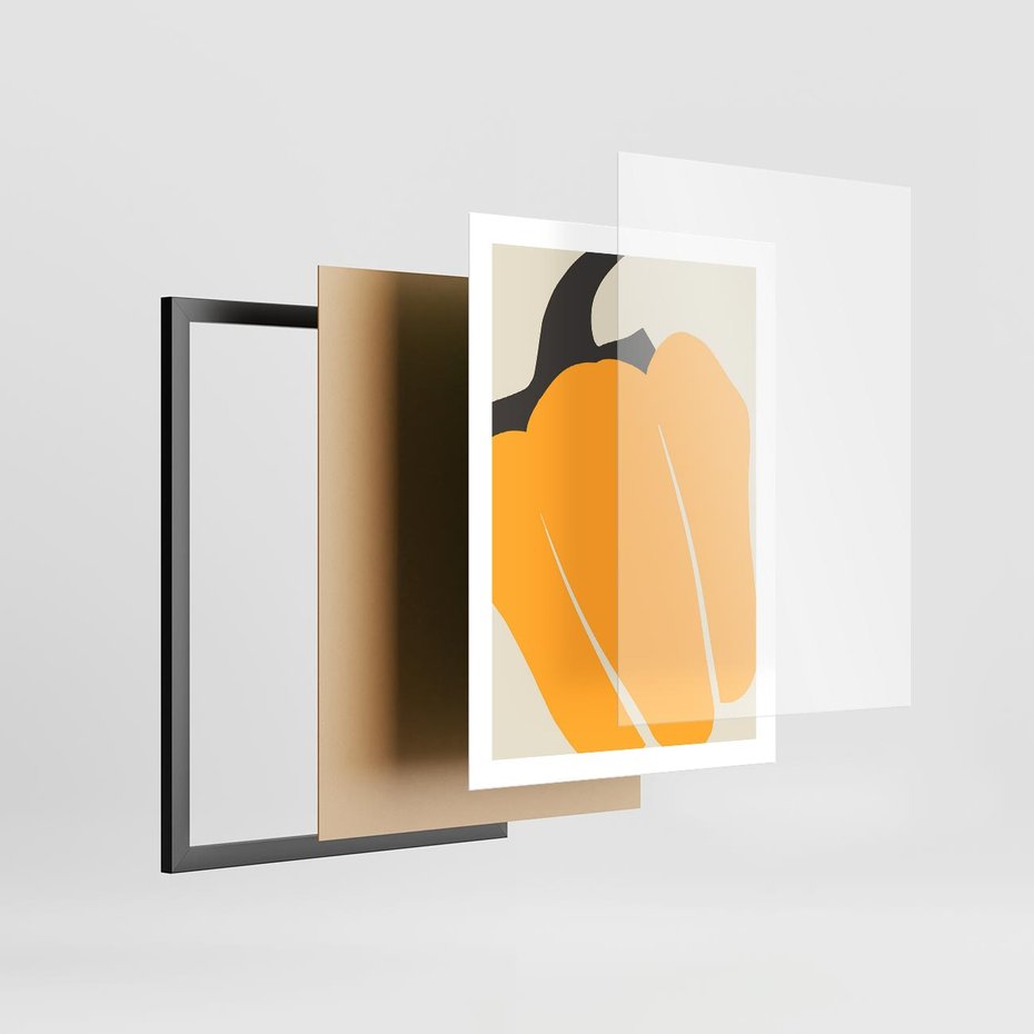 Plakat w ramie 50x70 - Migocące Formy - abstrakcyjny minimalistyczny obraz, żółta papryczka - rama czarna