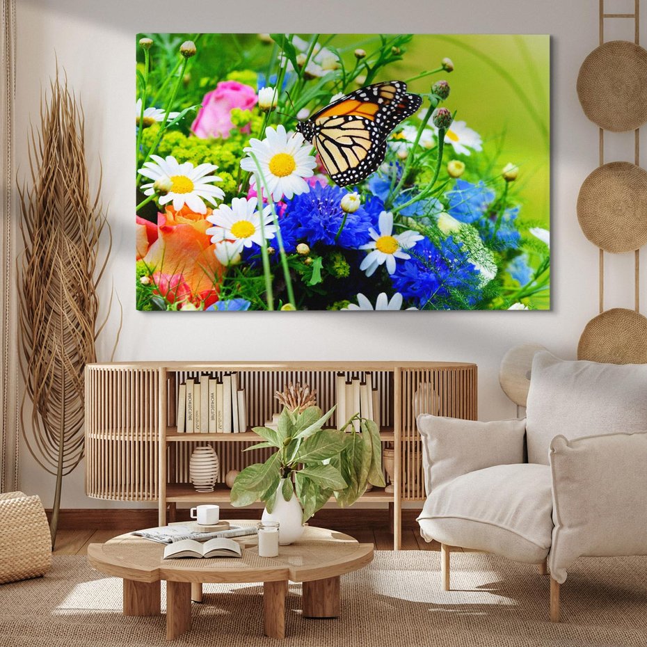 Obraz na płótnie 120x80 - Kwiatowy Taniec - motyl, kwiaty