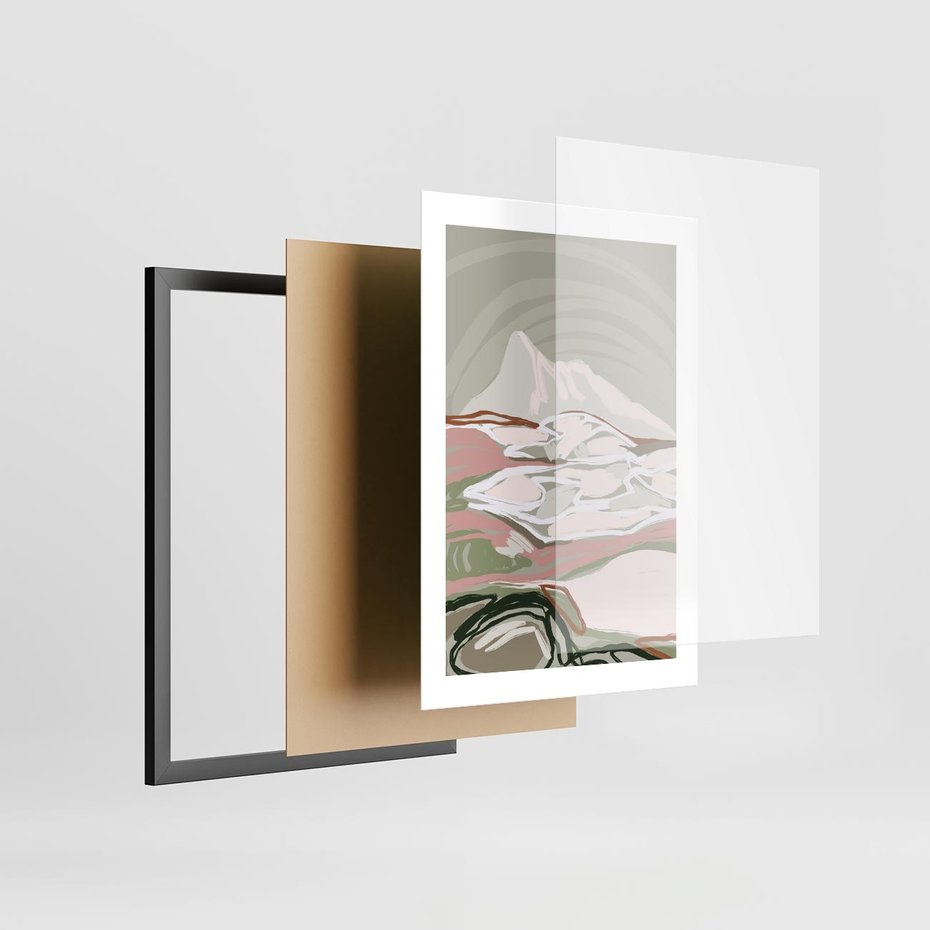 Plakat w ramie 30x40 - Szarawe Wzgórza - pastelowy krajobraz, nowoczesny plakat - rama czarna