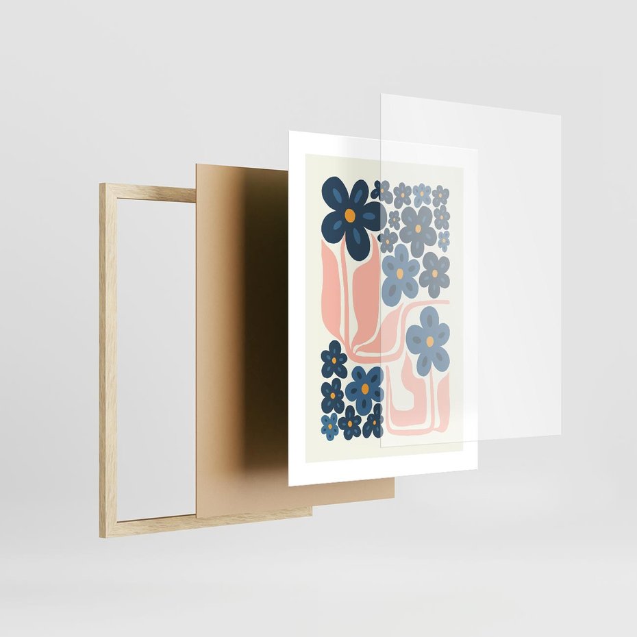 Plakat w ramie 30x40 - Niebieskie Refleksje - niebieskie kwiaty, niezapominajki - rama drewno