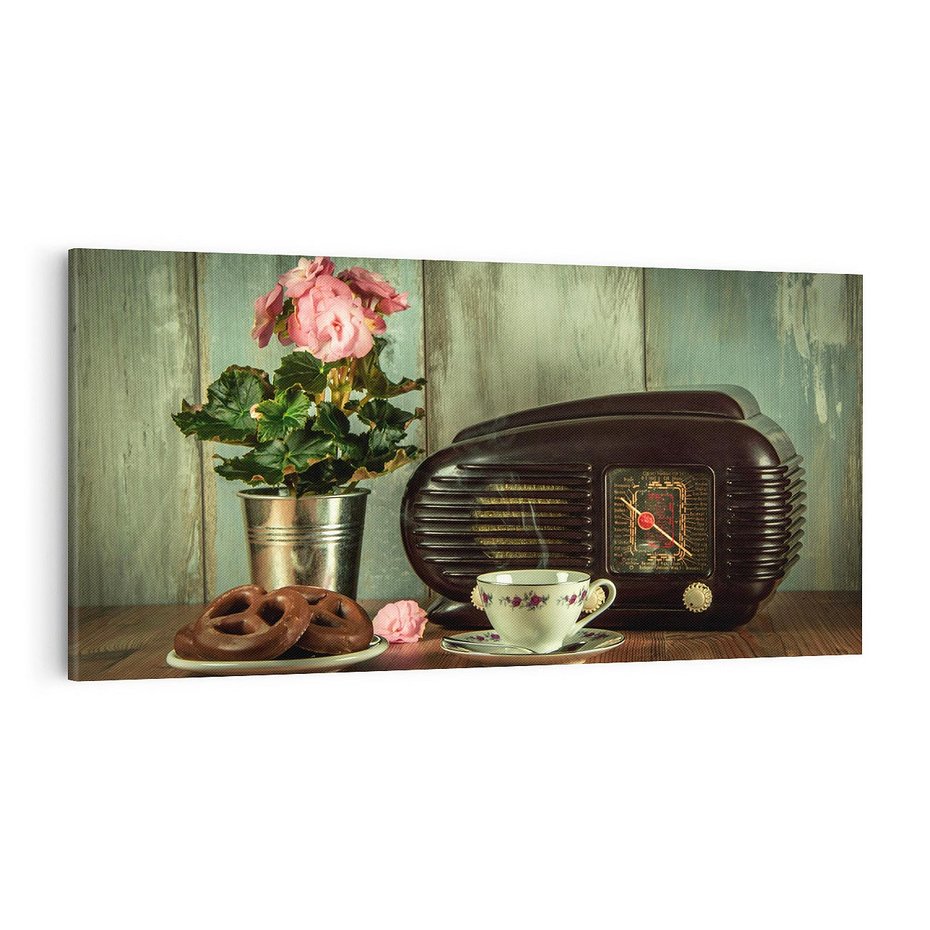 Obraz na płótnie 120x60 - Retro Radio z Kwiatami - Harmonia Nostalgii - retro, radio