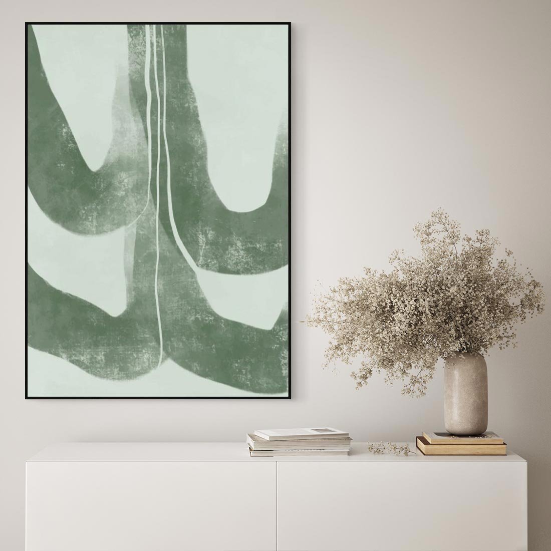 Obraz w ramie 70x100 - Nurtująca Kompozycja Zieleni - abstrakcyjne delikatne zielone linie, podobne do gałęzi kwiatów - rama czarna