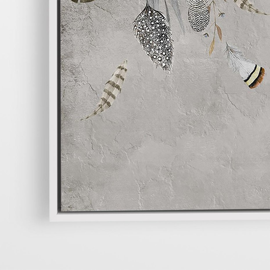 Obraz w ramie 100x70 - Sploty losu na płótnie - kompozycja boho piór, indiańskie pióra - rama biała