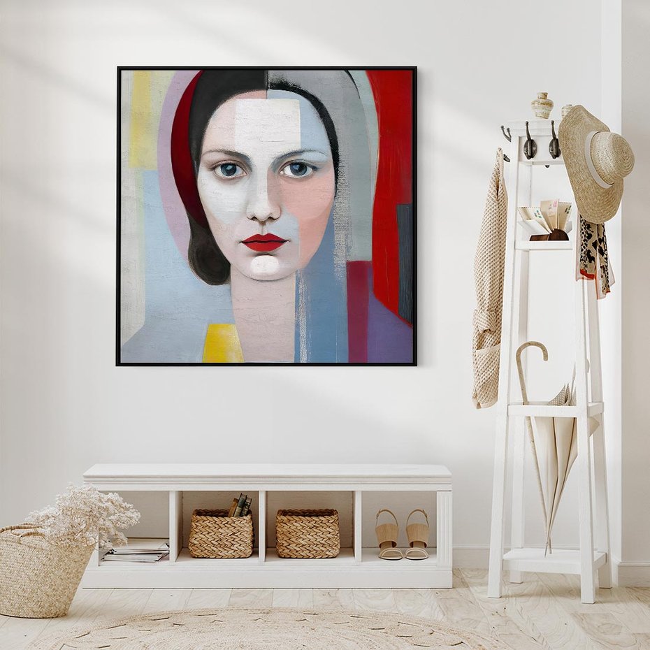 Obraz w ramie 50x50 - Kolorowe Granice Form - abstrakcyjny obraz olejny, portret twarzy kobiety - rama czarna