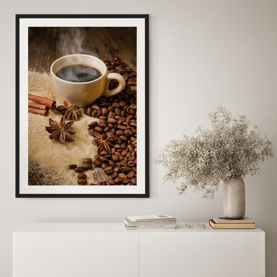 Plakat w ramie 30x40 - Kawowa filiżanka pełna aromatu - kawa, filiżanka - rama czarna
