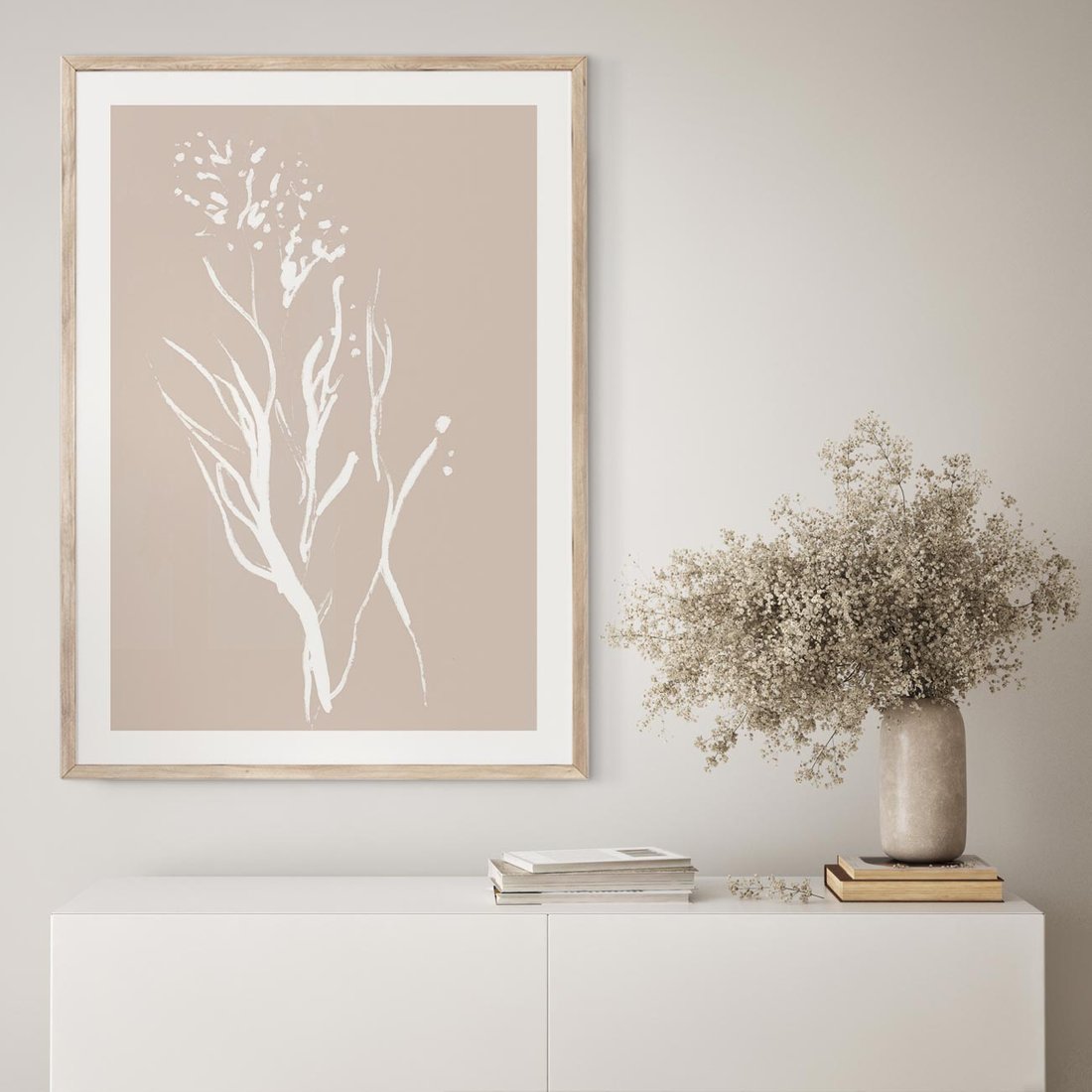 Plakat w ramie 50x70 - Impresje Pastelowych Nastrojów - minimalistyczny delikatny obraz, beżowe odcienie - rama drewno