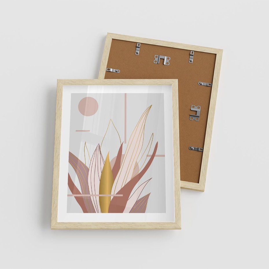 Plakat w ramie 40x50 - Złota Grafika Liści: Wyjątkowa Dekoracja - liście, złoto - rama drewno