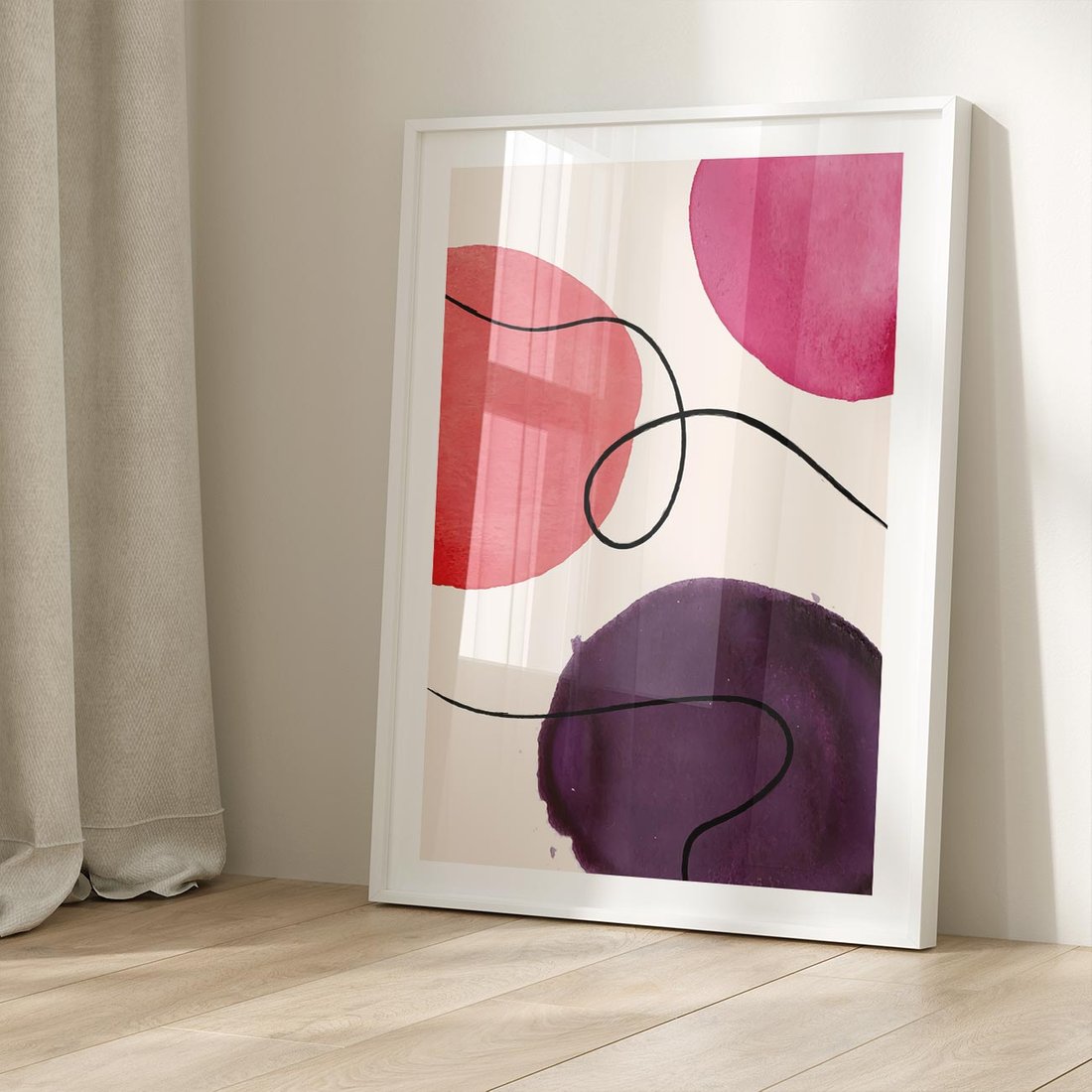 Plakat w ramie 30x40 - Migoczące Echo - abstrakcyjne akwarelowe plamy, nieregularne linie - rama biała