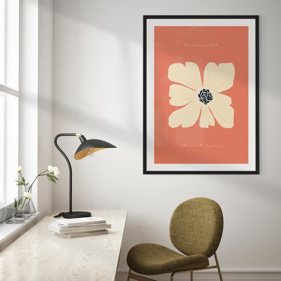 Plakat bez ramy 50x70 - Malowane Kolorowe Echa - minimalistyczna grafika, biały kwiat na różowym tle