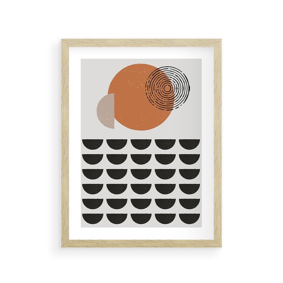Plakat w ramie 30x40 - Geometryczna Ekspresja - geometryczny graficzny obraz, pomarańczowe koło - rama drewno