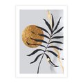 Plakat bez ramy 50x70 - Grafika z Czarnym Liściem Palmy - czarny liść palmy, złóte kołó